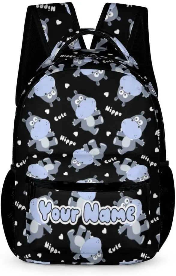 Custom Hippo School Backpack for Kids Girls Boys, 16 Inch Cute Hippos Themed Bookbag, Personalized School Backpack for Students Children, Lightweight, Large Capacity