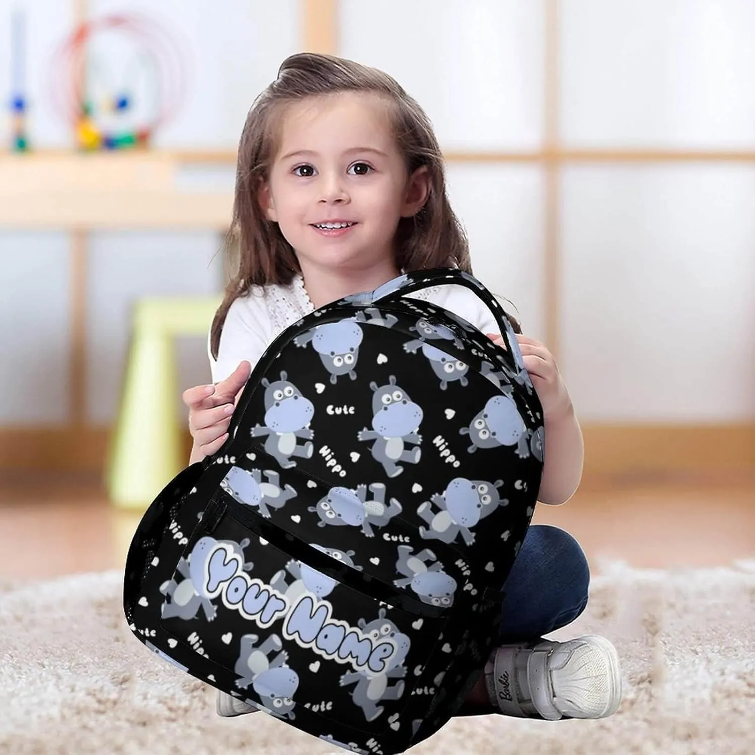 Custom Hippo School Backpack for Kids Girls Boys, 16 Inch Cute Hippos Themed Bookbag, Personalized School Backpack for Students Children, Lightweight, Large Capacity