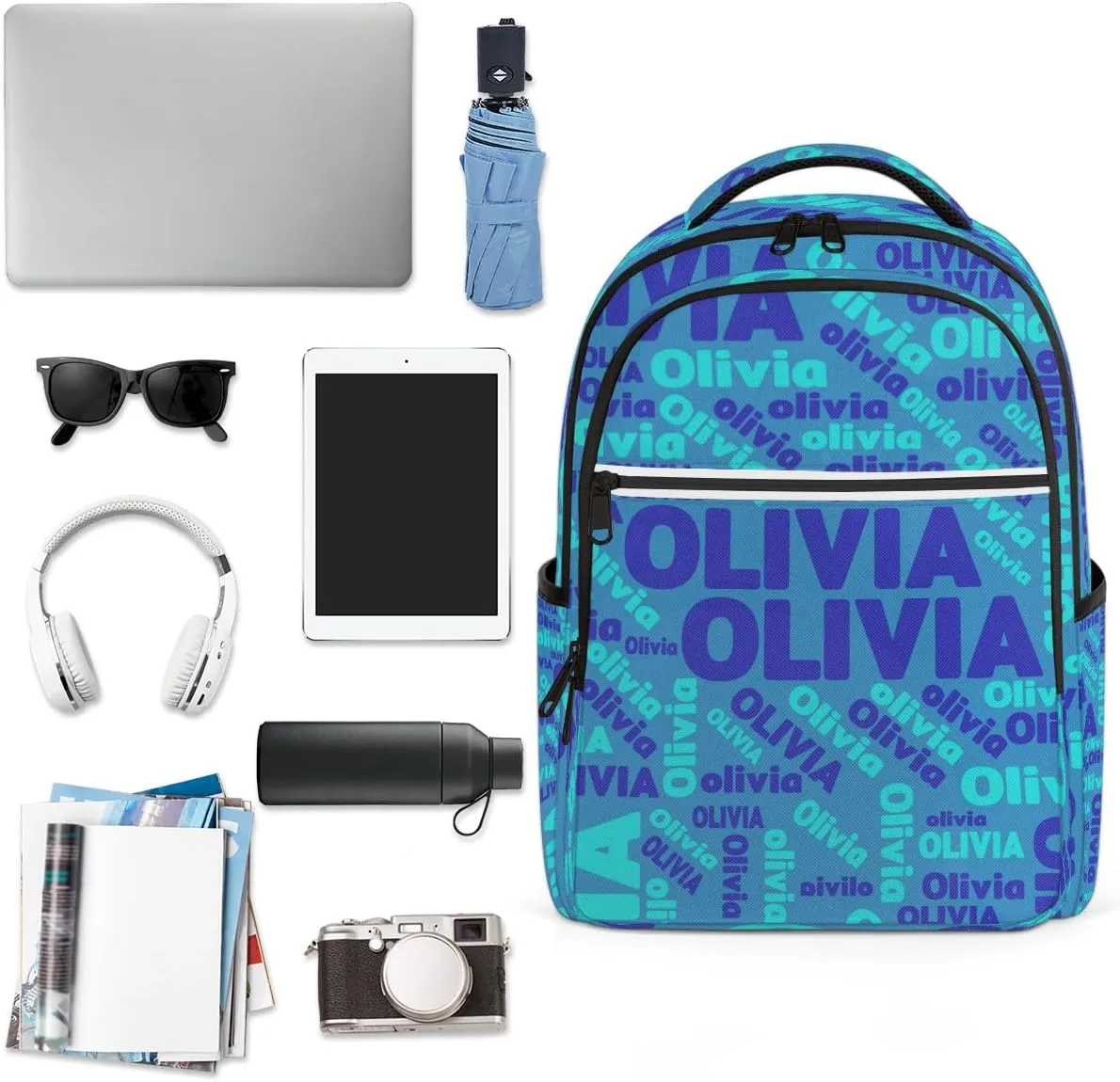 Custom Name Laptop Backpack Lightweight Personalized Shoulder Bag Backpack for Women Men Waterproof Casual Daypack Laptop Bag 16.1in, Blue