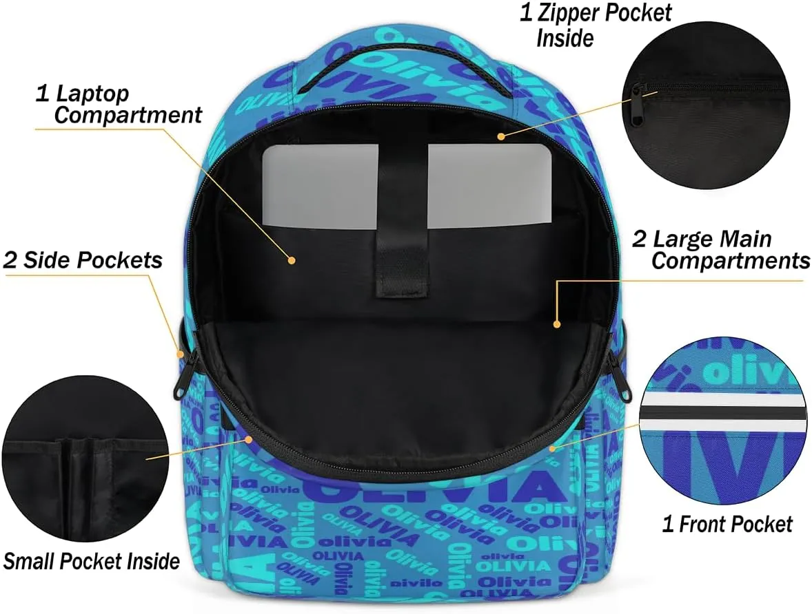 Custom Name Laptop Backpack Lightweight Personalized Shoulder Bag Backpack for Women Men Waterproof Casual Daypack Laptop Bag 16.1in, Blue
