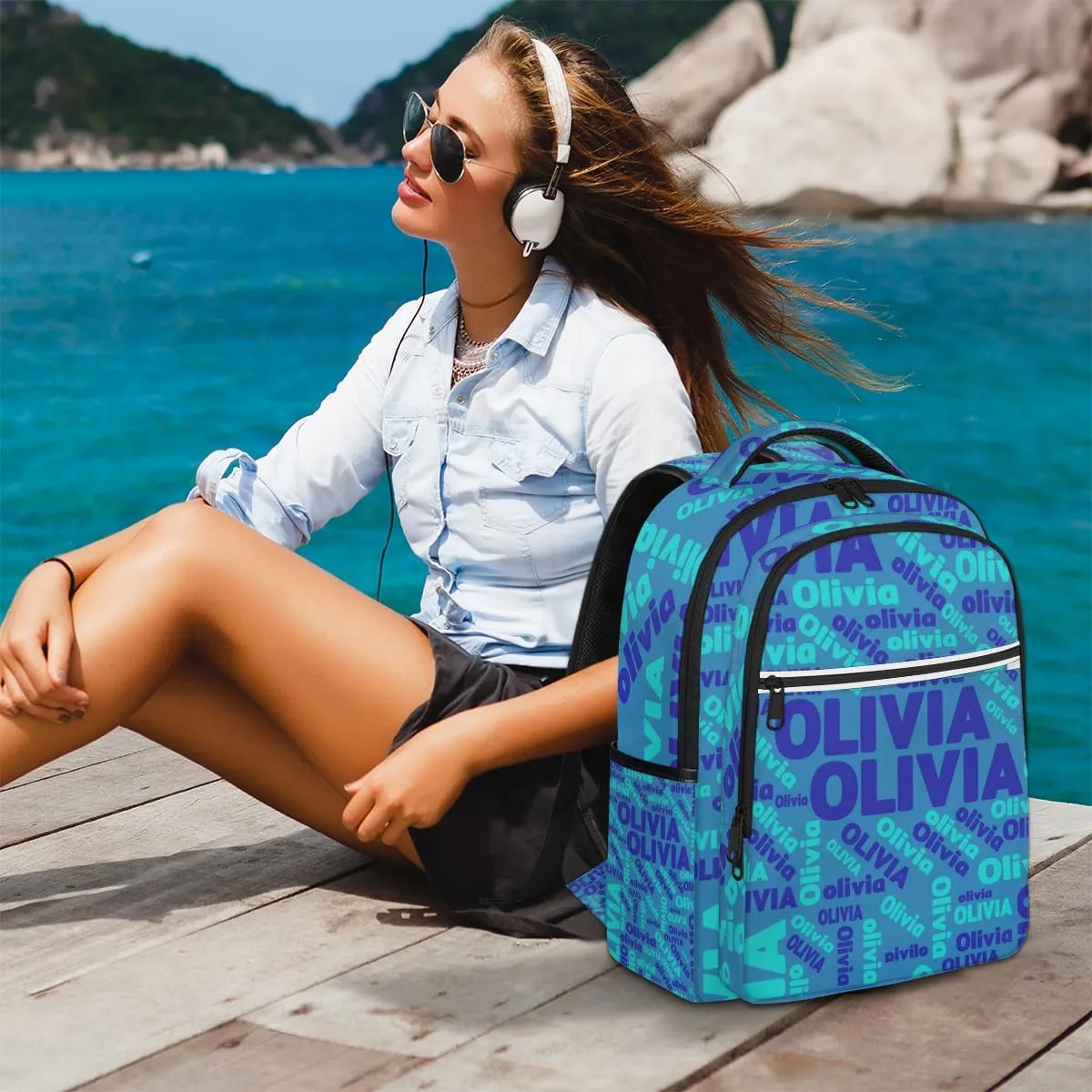 Custom Name Laptop Backpack Lightweight Personalized Shoulder Bag Backpack for Women Men Waterproof Casual Daypack Laptop Bag 16.1in, Blue