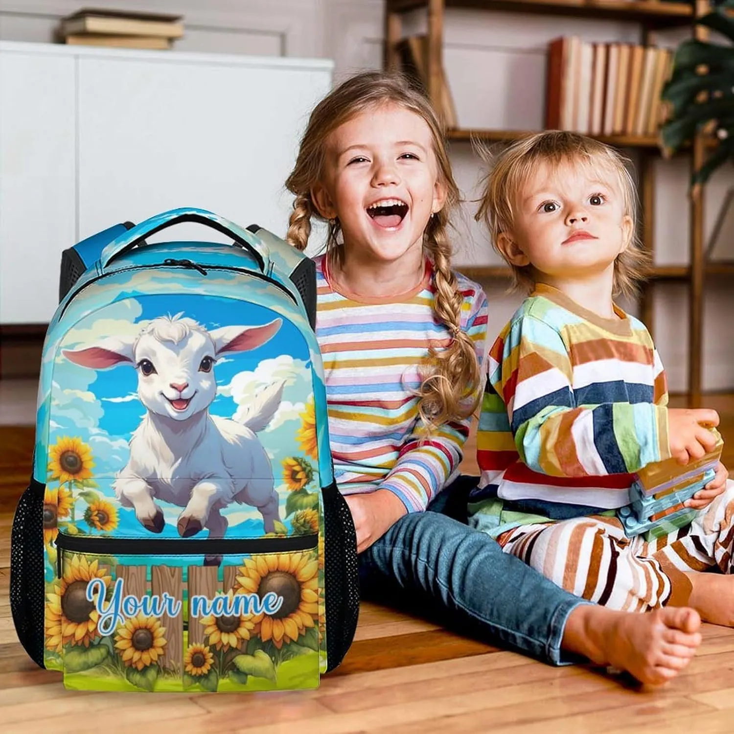Custom Sheep Backpack for Kids, 17 Inch White Backpacks for Girls, Cute Sunflower Print Bookbag for Teens