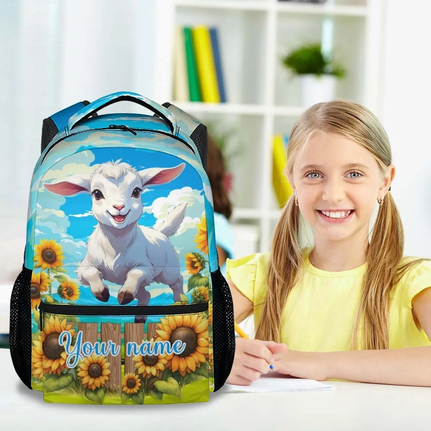 Custom Sheep Backpack for Kids, 17 Inch White Backpacks for Girls, Cute Sunflower Print Bookbag for Teens