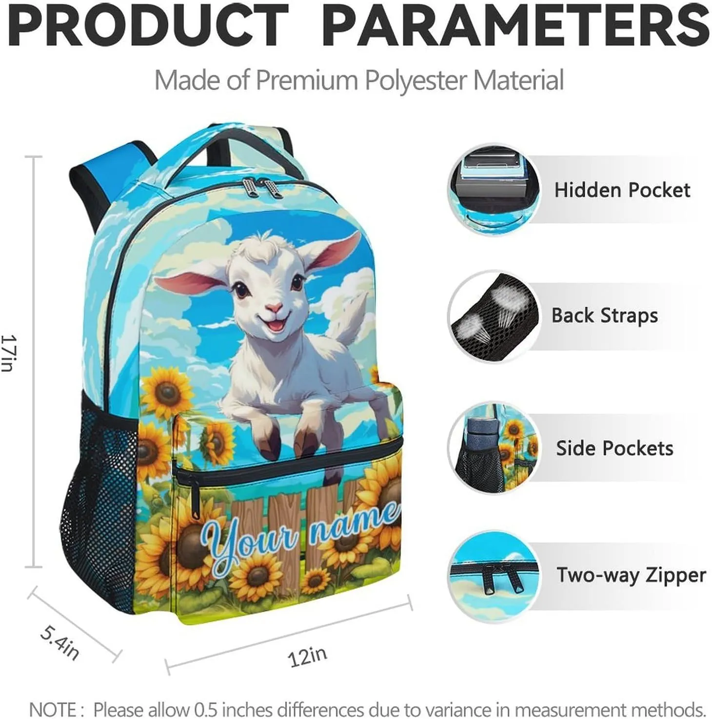 Custom Sheep Backpack for Kids, 17 Inch White Backpacks for Girls, Cute Sunflower Print Bookbag for Teens