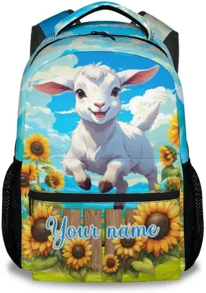 Custom Sheep Backpack for Kids, 17 Inch White Backpacks for Girls, Cute Sunflower Print Bookbag for Teens
