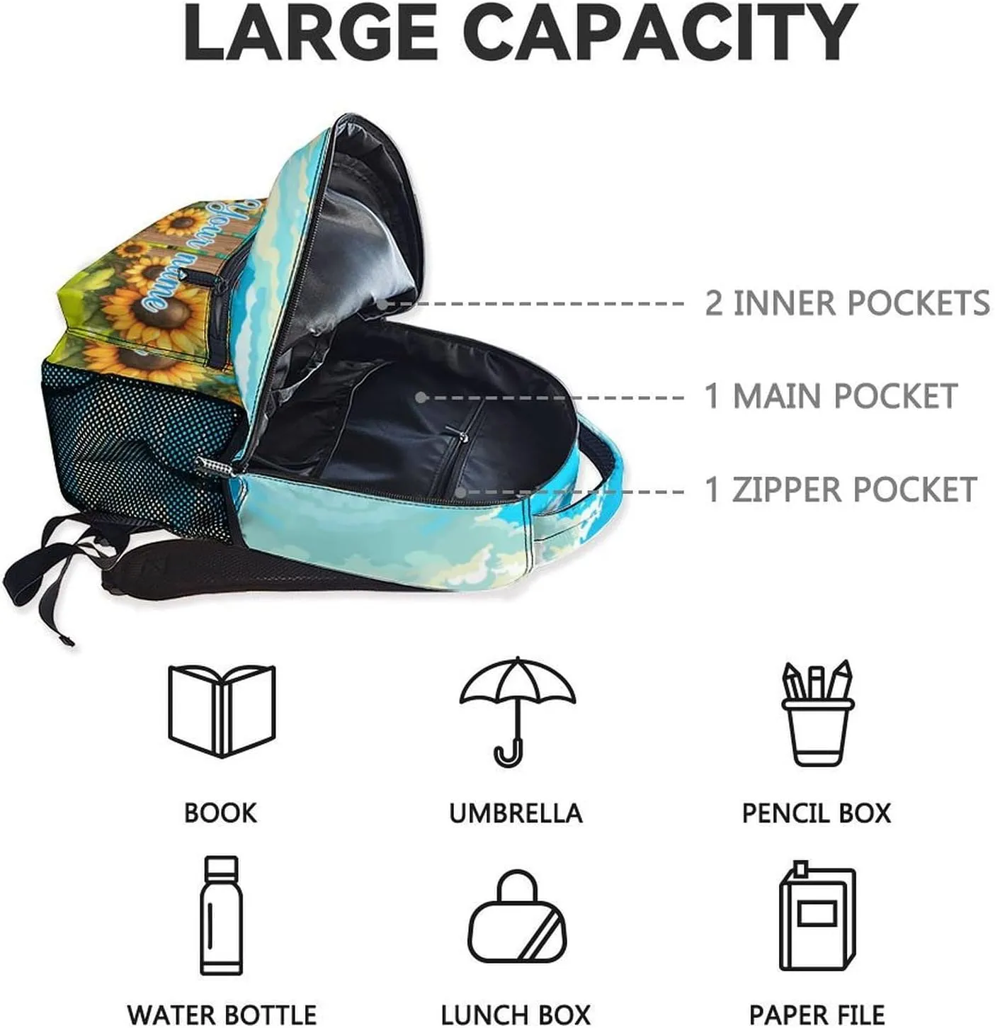 Custom Sheep Backpack for Kids, 17 Inch White Backpacks for Girls, Cute Sunflower Print Bookbag for Teens