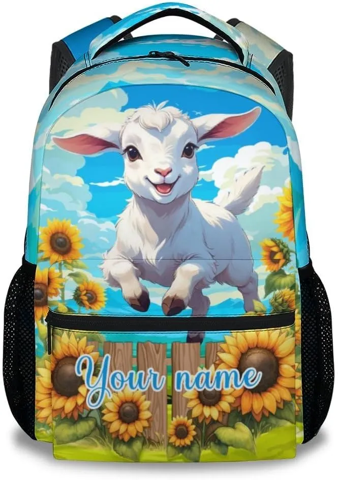 Custom Sheep Backpack for Kids, 17 Inch White Backpacks for Girls, Cute Sunflower Print Bookbag for Teens
