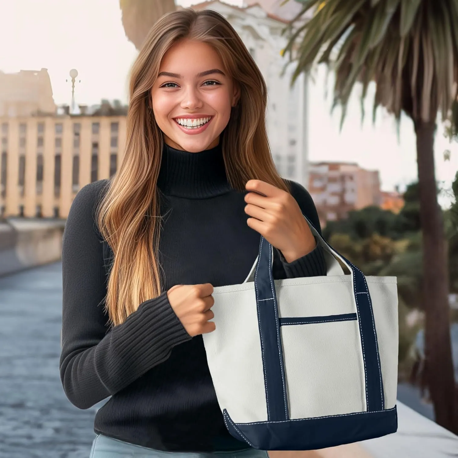 DALIX 14" Mini Small Cotton Canvas Party Favor Wedding Gift Tote Bag in Navy Blue