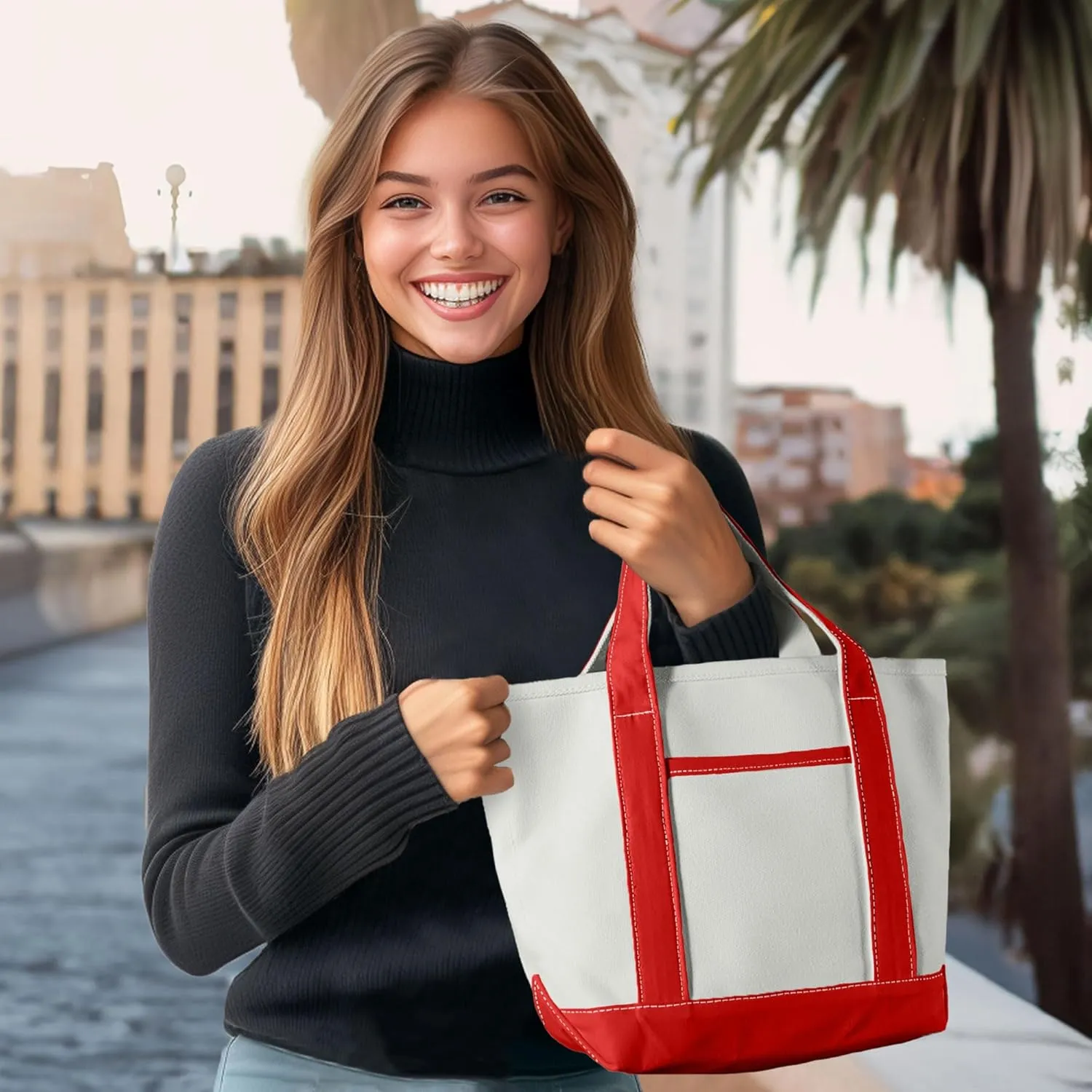 DALIX 14" Mini Small Cotton Canvas Party Favor Wedding Gift Tote Bag in Red White