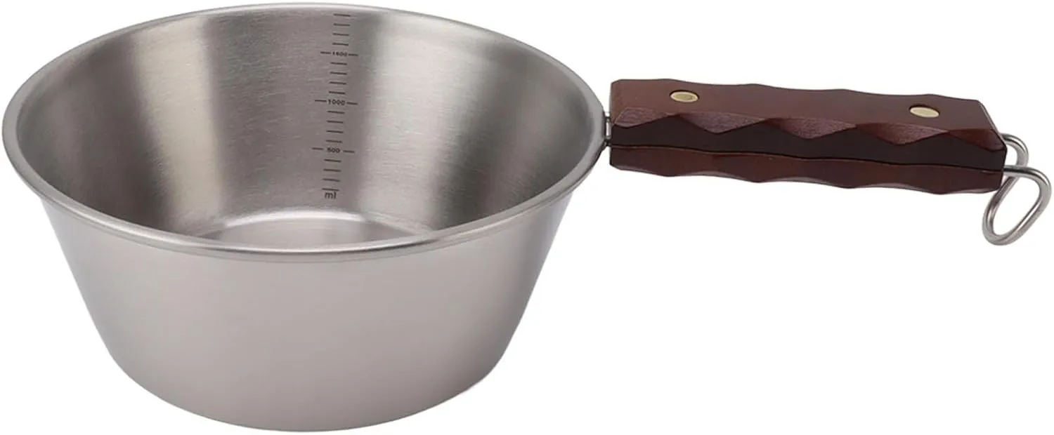 DAUZ Outdoor Frying Pan 304 Stainless Steel 2000 ML Easy to Hold Backpacking Frying Pan Wood Handle for Hiking (Silver)