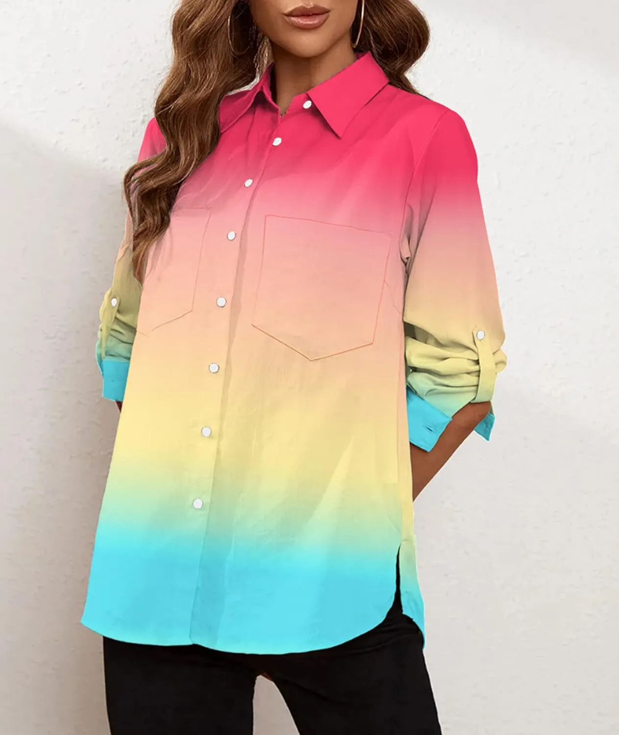 Deer Lady Womens Button Down Shirts Roll Up Long Sleeve Casual Blouse Shirts Tops
