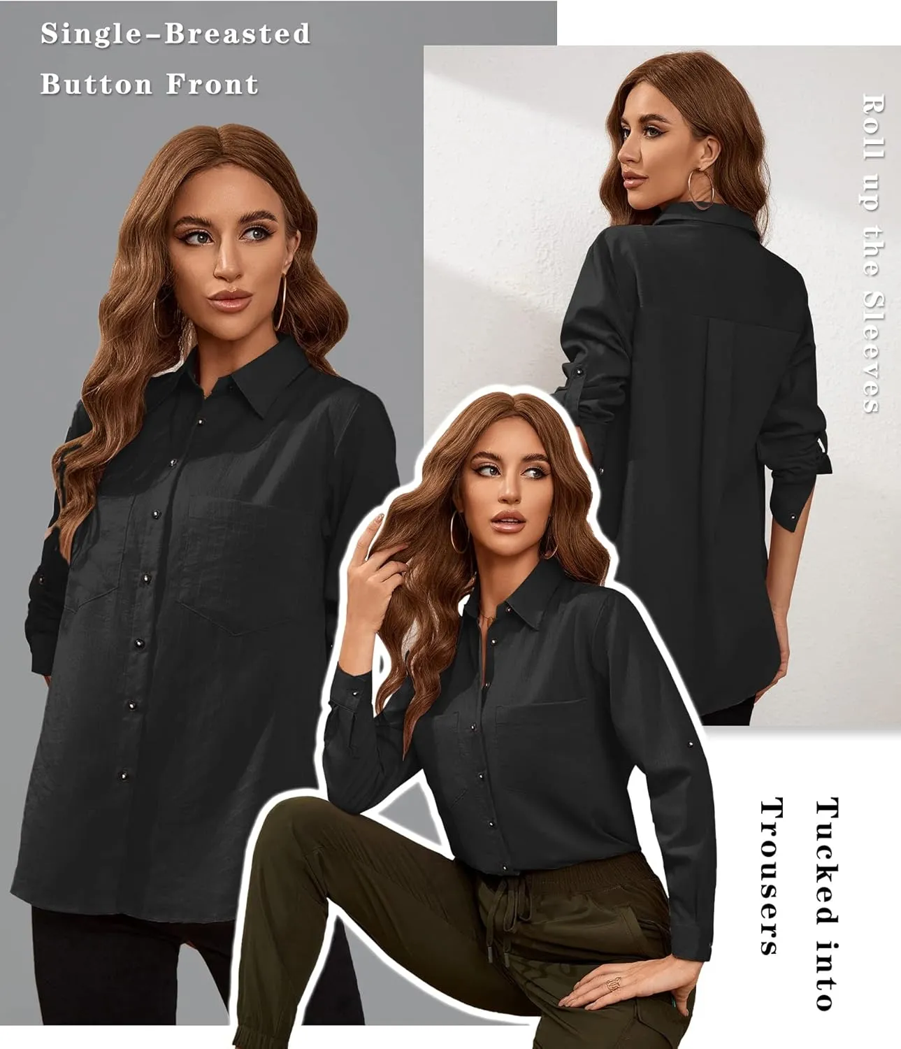 Deer Lady Womens Button Down Shirts Roll Up Long Sleeve Casual Blouse Shirts Tops