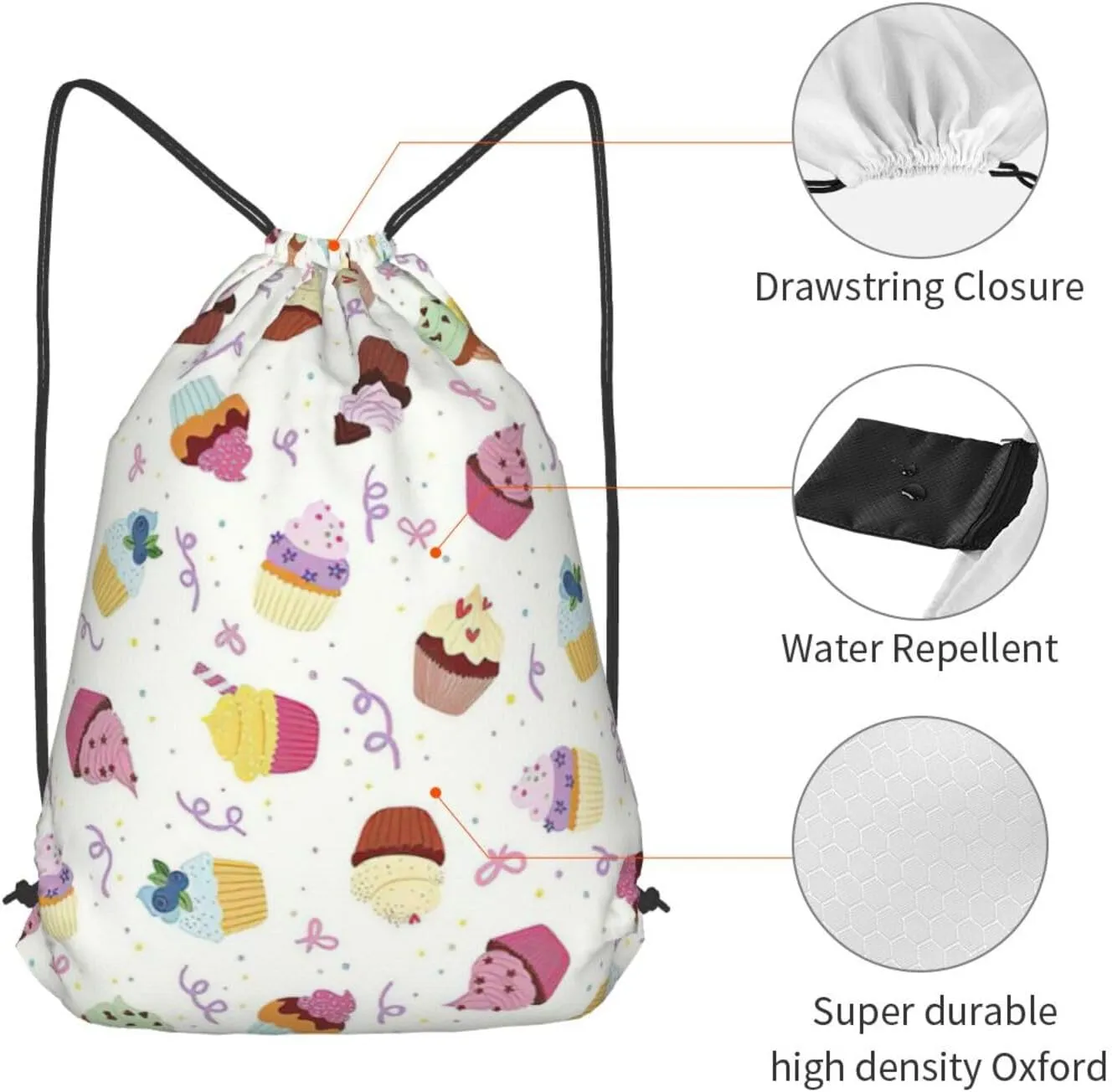 Delicious Cupcakes Drawstring Cinch Backpack Polyester Sack Pack String Bag For Hiking Camping Adventure