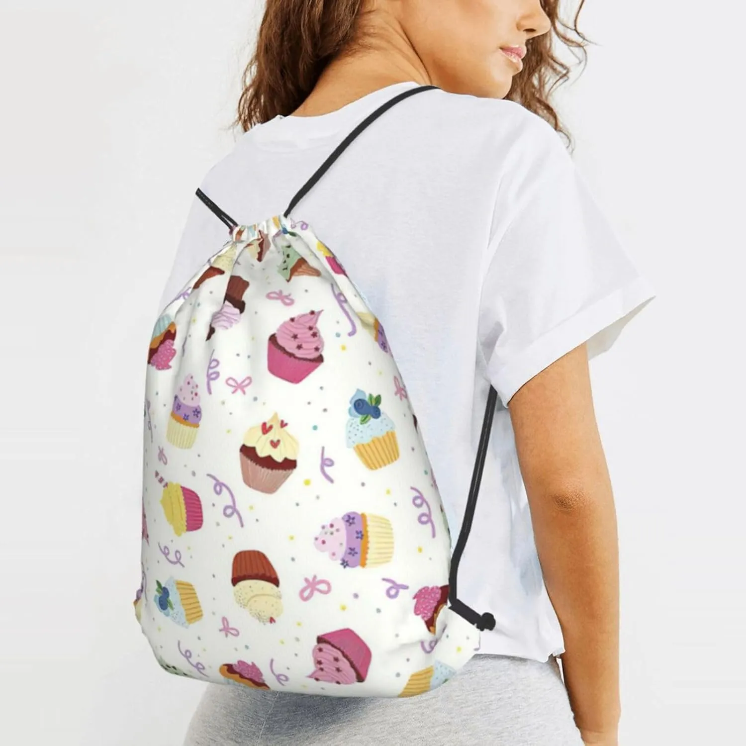 Delicious Cupcakes Drawstring Cinch Backpack Polyester Sack Pack String Bag For Hiking Camping Adventure