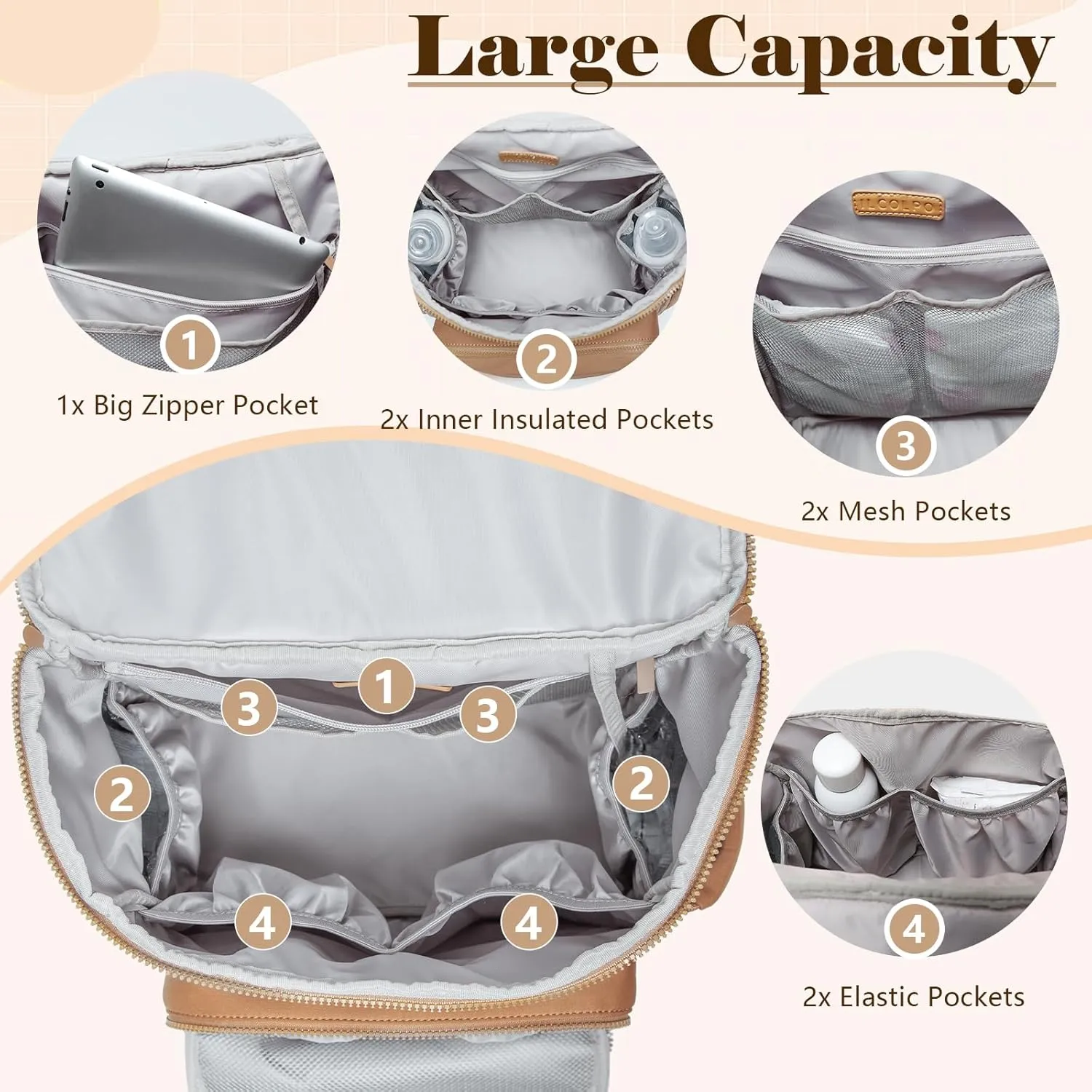 Diaper Bag Backpack, Neoprene Bag Backpack, Large Diaper Backpack with 16 Diaper Bag Organizers, 4 Insulated Pockets, Lighweight Travel Baby Bag with Changing Pad, Brown