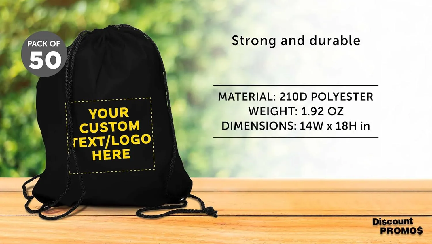 DISCOUNT PROMOS Custom Drawstring Backpack with Black Trim Set of 50, Personalized Bulk Pack - Water Resistant, Perfect for Gym, Camping, Beach, Outdoor Sports - Black