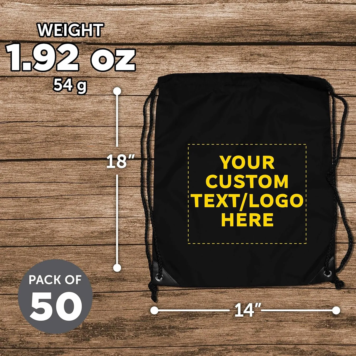 DISCOUNT PROMOS Custom Drawstring Backpack with Black Trim Set of 50, Personalized Bulk Pack - Water Resistant, Perfect for Gym, Camping, Beach, Outdoor Sports - Black