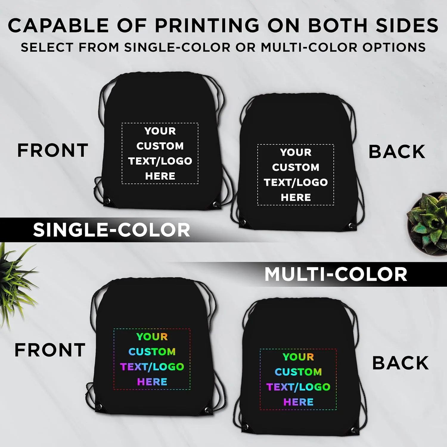 DISCOUNT PROMOS Custom Drawstring Backpack with Black Trim Set of 50, Personalized Bulk Pack - Water Resistant, Perfect for Gym, Camping, Beach, Outdoor Sports - Black