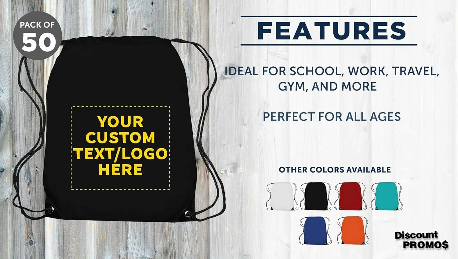 DISCOUNT PROMOS Custom Drawstring Backpack with Black Trim Set of 50, Personalized Bulk Pack - Water Resistant, Perfect for Gym, Camping, Beach, Outdoor Sports - Black