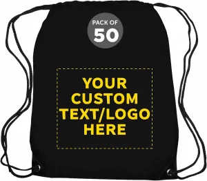 DISCOUNT PROMOS Custom Drawstring Backpack with Black Trim Set of 50, Personalized Bulk Pack - Water Resistant, Perfect for Gym, Camping, Beach, Outdoor Sports - Black