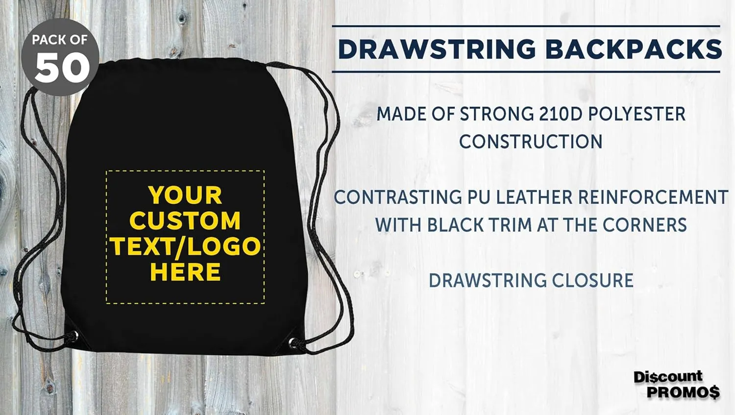 DISCOUNT PROMOS Custom Drawstring Backpack with Black Trim Set of 50, Personalized Bulk Pack - Water Resistant, Perfect for Gym, Camping, Beach, Outdoor Sports - Black