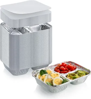 Disposable Aluminum Dinner Tray with Paper Lids – 3 Compartment Foil Pan – Perfect for On the Go Lunches, Leftovers, TV Plate or Takeout Convenient Airline Food Tray (25)