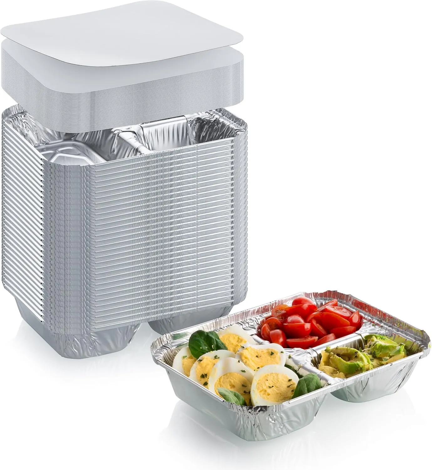 Disposable Aluminum Dinner Tray with Paper Lids – 3 Compartment Foil Pan – Perfect for On the Go Lunches, Leftovers, TV Plate or Takeout Convenient Airline Food Tray (25)