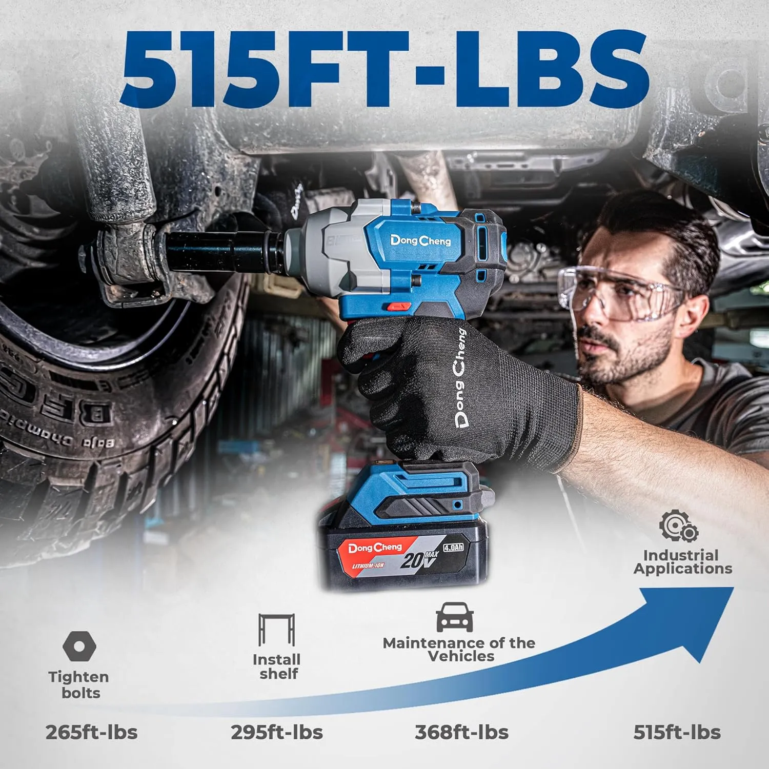Dong Cheng 20V Brushless Impact Wrench, 515 ft-lbs High Torque, 1/2 Inch Cordless Impact Gun with Tool Bag, 4-Speed for Cars, Trucks, Tractors, Includes 2 x 4.0Ah Batteries & Charger