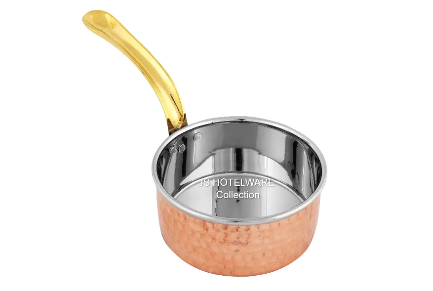 Double Wall Copper Stainless Steel Hammered Serving Sauce pan, #3, 6", 750 ML, Brass Handle