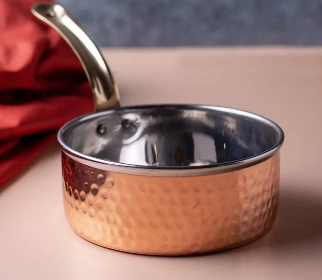 Double Wall Copper Stainless Steel Hammered Serving Sauce pan, #3, 6", 750 ML, Brass Handle