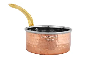 Double Wall Copper Stainless Steel Hammered Serving Sauce pan, #3, 6", 750 ML, Brass Handle