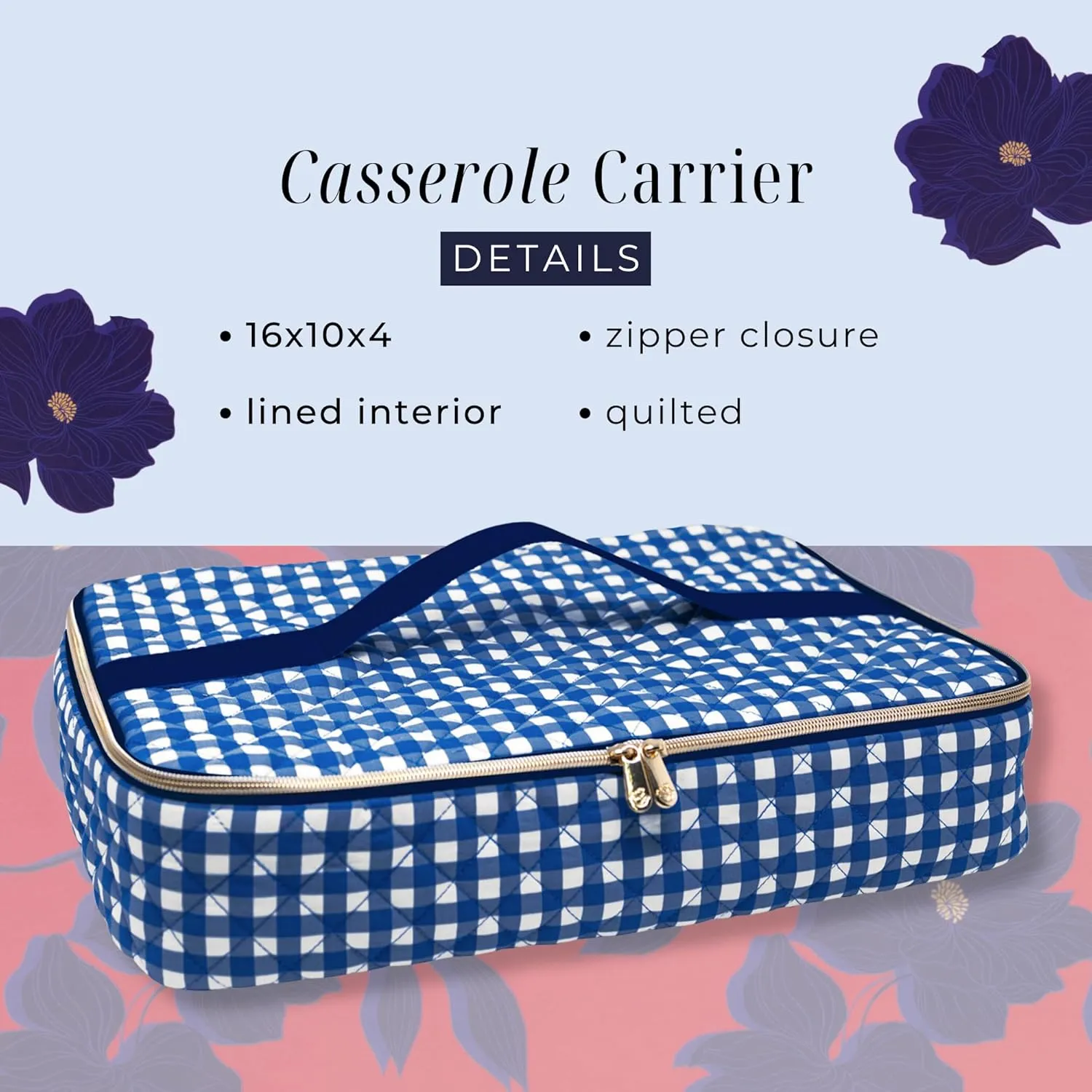 Draper James Insulated Casserole Carrier for Hot and Cold, Quilted with Handle for 16x10 Pan, Riviera Blue Gingham