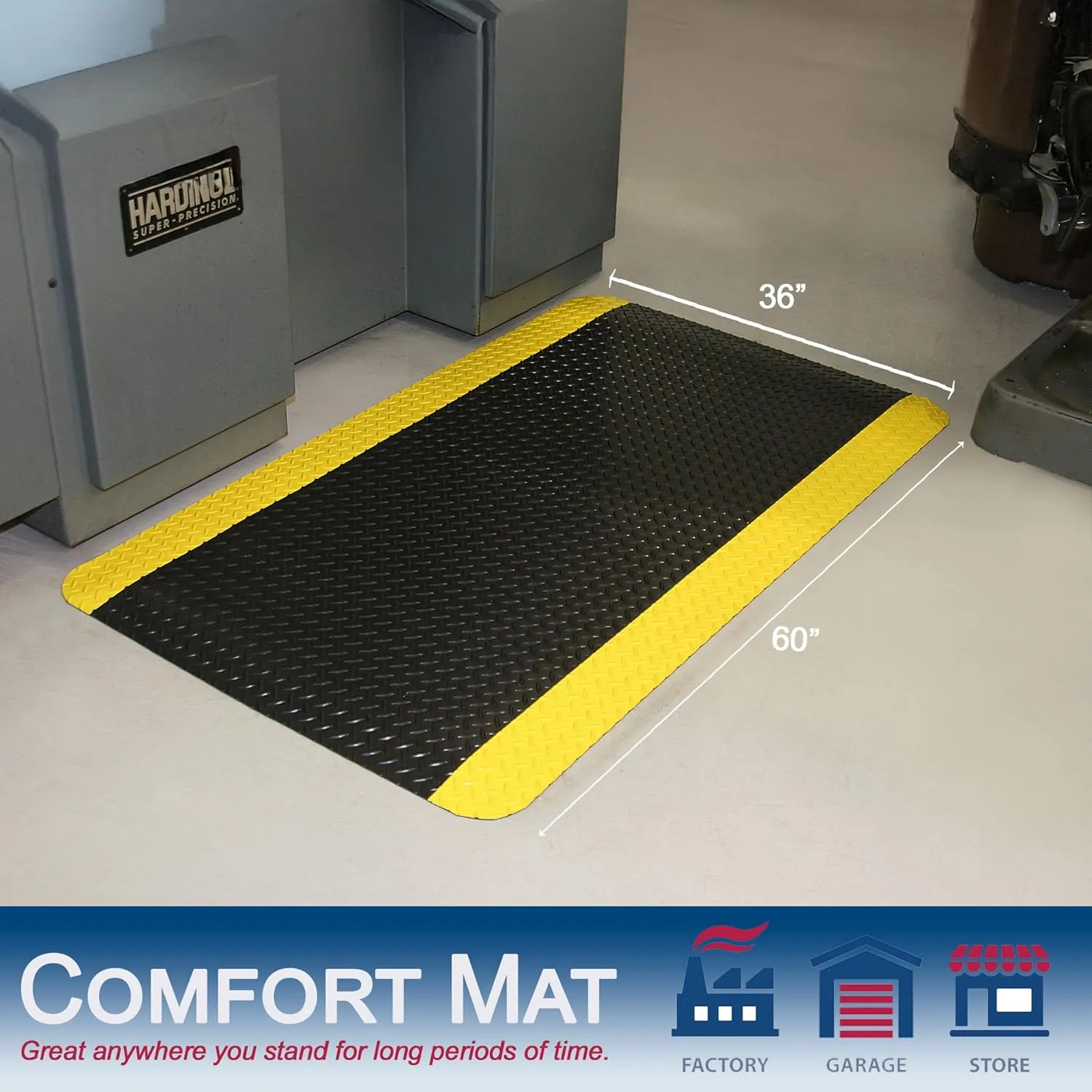 Durable Vinyl Diamond-Dek Sponge Industrial Anti-Fatigue Floor Mat, 2' x 3', Black with Yellow Border