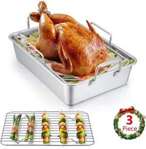E-far 14 x 10.6 Inch Roasting Pan, Stainless Steel Turkey Roaster with V Rack & Baking Rack Set, Small Heavy Duty Deep Broiling Pan for Oven Cooking Lasagna Meat Chicken - Dishwasher Safe