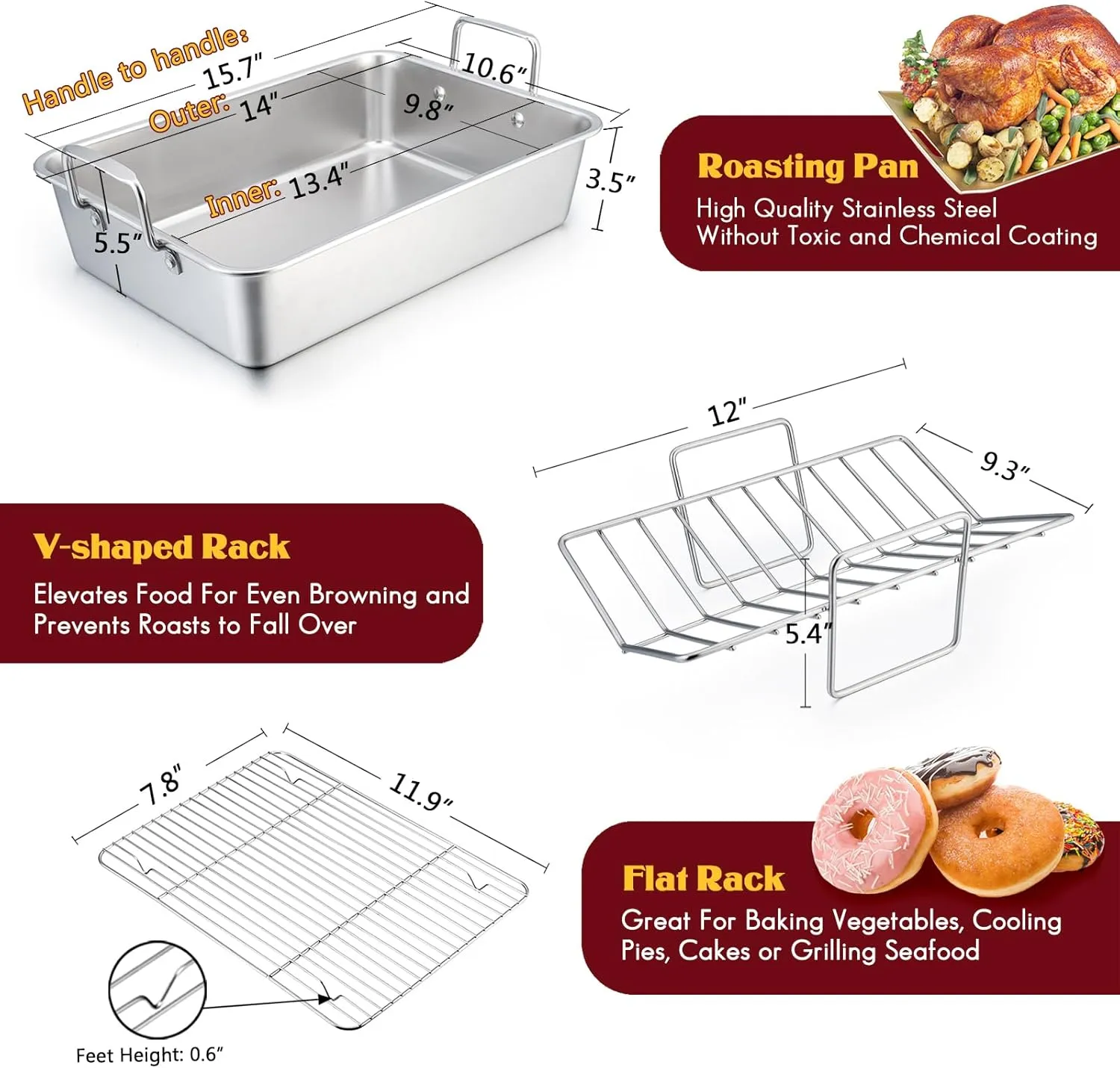 E-far 14 x 10.6 Inch Roasting Pan, Stainless Steel Turkey Roaster with V Rack & Baking Rack Set, Small Heavy Duty Deep Broiling Pan for Oven Cooking Lasagna Meat Chicken - Dishwasher Safe