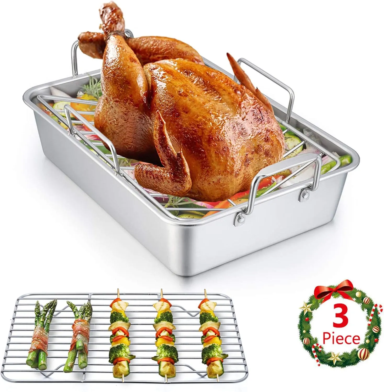 E-far 14 x 10.6 Inch Roasting Pan, Stainless Steel Turkey Roaster with V Rack & Baking Rack Set, Small Heavy Duty Deep Broiling Pan for Oven Cooking Lasagna Meat Chicken - Dishwasher Safe