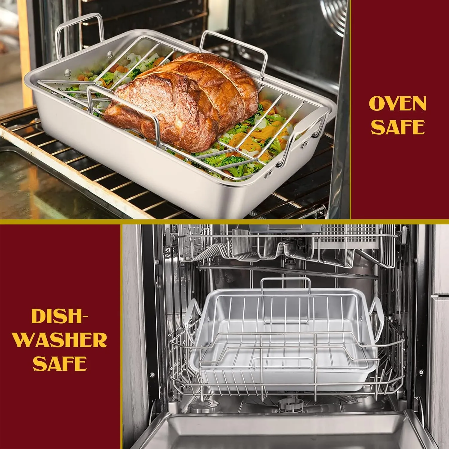 E-far 14 x 10.6 Inch Roasting Pan, Stainless Steel Turkey Roaster with V Rack & Baking Rack Set, Small Heavy Duty Deep Broiling Pan for Oven Cooking Lasagna Meat Chicken - Dishwasher Safe