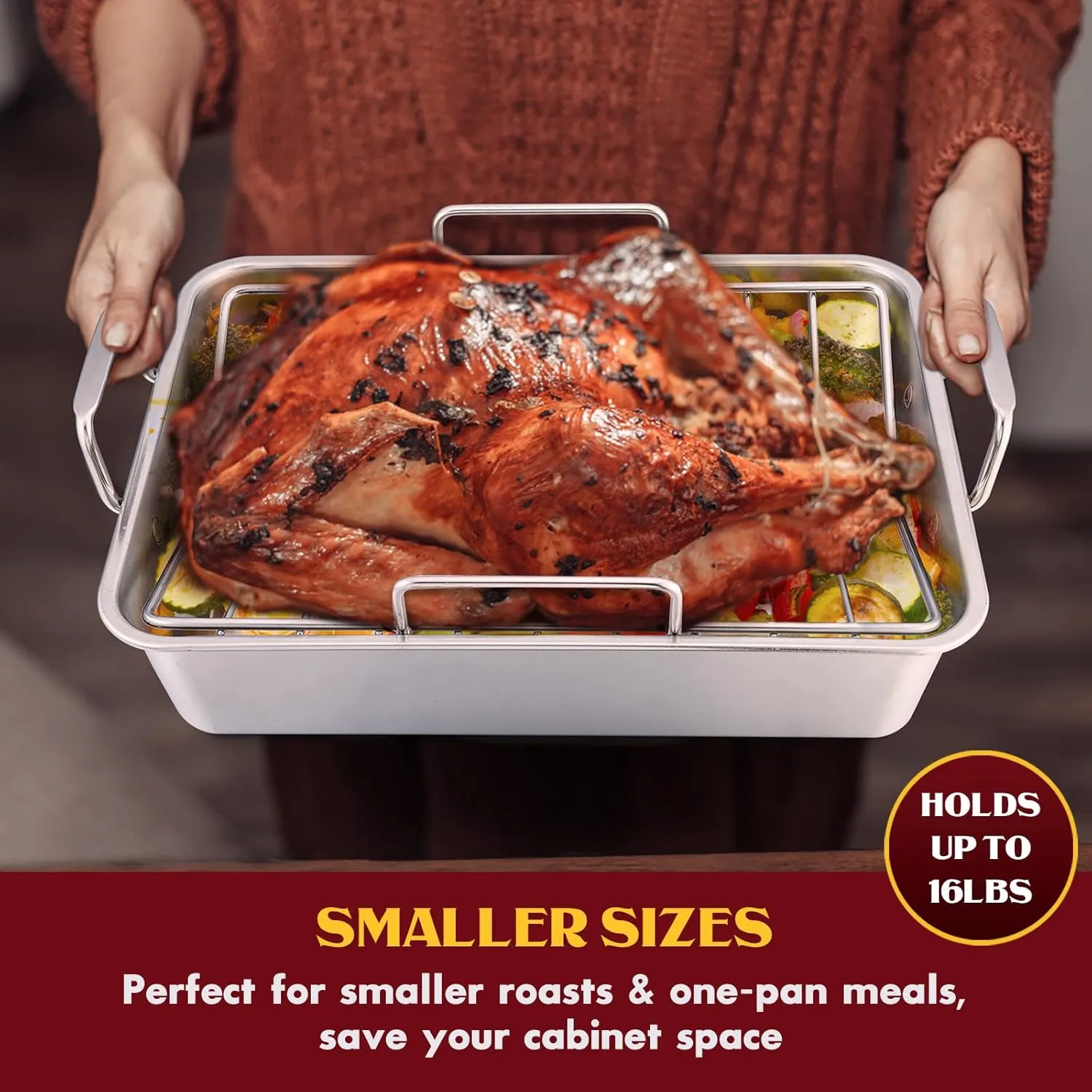 E-far 14 x 10.6 Inch Roasting Pan, Stainless Steel Turkey Roaster with V Rack & Baking Rack Set, Small Heavy Duty Deep Broiling Pan for Oven Cooking Lasagna Meat Chicken - Dishwasher Safe
