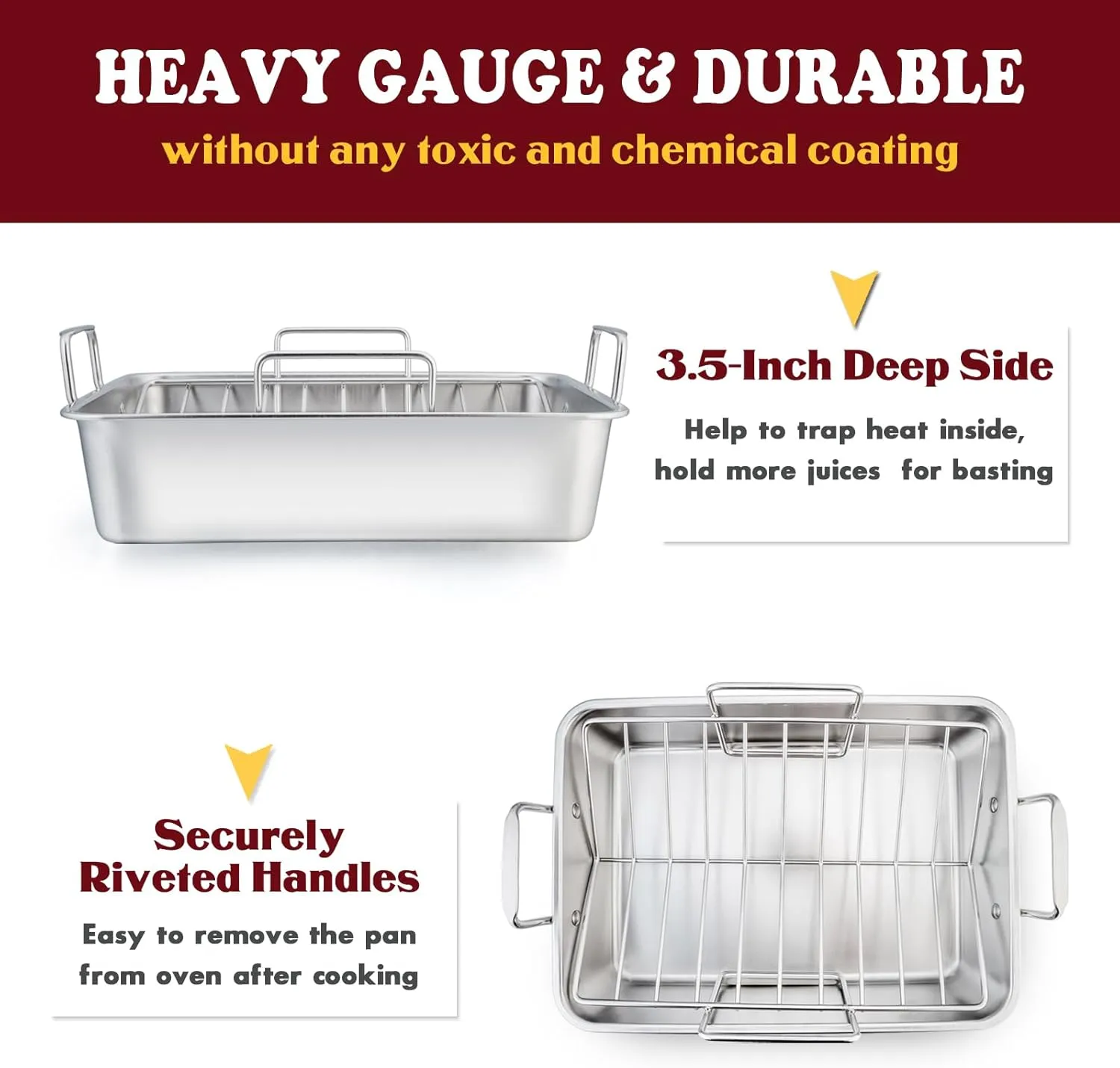 E-far 14 x 10.6 Inch Roasting Pan, Stainless Steel Turkey Roaster with V Rack & Baking Rack Set, Small Heavy Duty Deep Broiling Pan for Oven Cooking Lasagna Meat Chicken - Dishwasher Safe