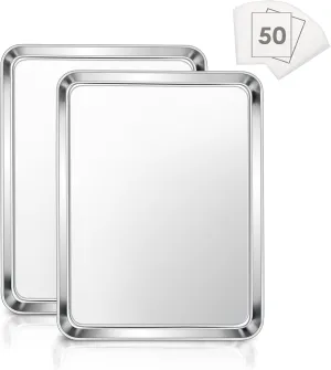 E-far Baking Cookie Sheet Set of 2, 12.4”x9.7” Stainless Steel Baking Sheet Pan for Oven with 50 Parchment Paper, Rectangle Baking Tray for Cooking Roasting, Rust Free & Heavy Duty, Dishwasher Safe
