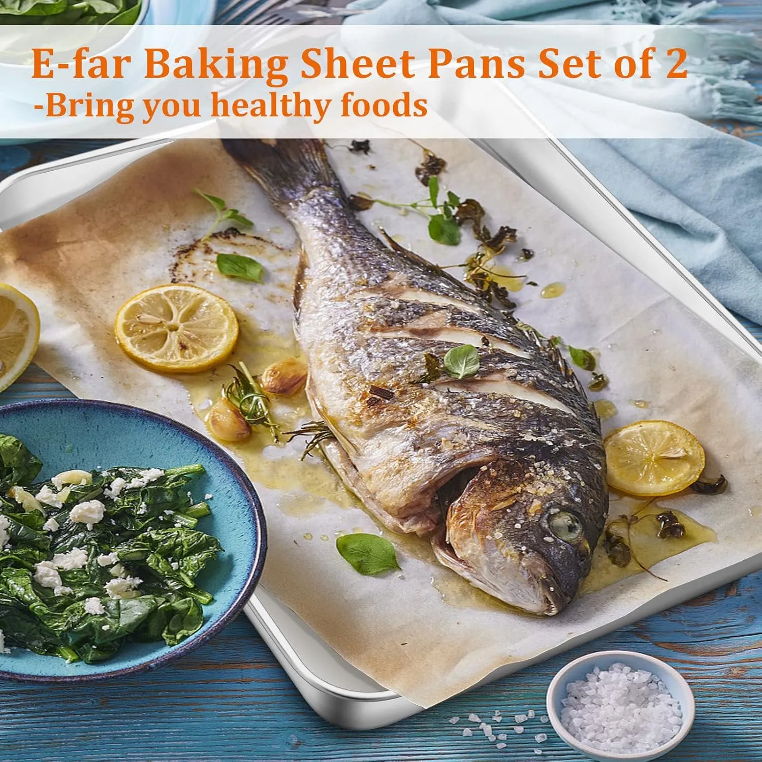 E-far Baking Cookie Sheet Set of 2, 12.4”x9.7” Stainless Steel Baking Sheet Pan for Oven with 50 Parchment Paper, Rectangle Baking Tray for Cooking Roasting, Rust Free & Heavy Duty, Dishwasher Safe