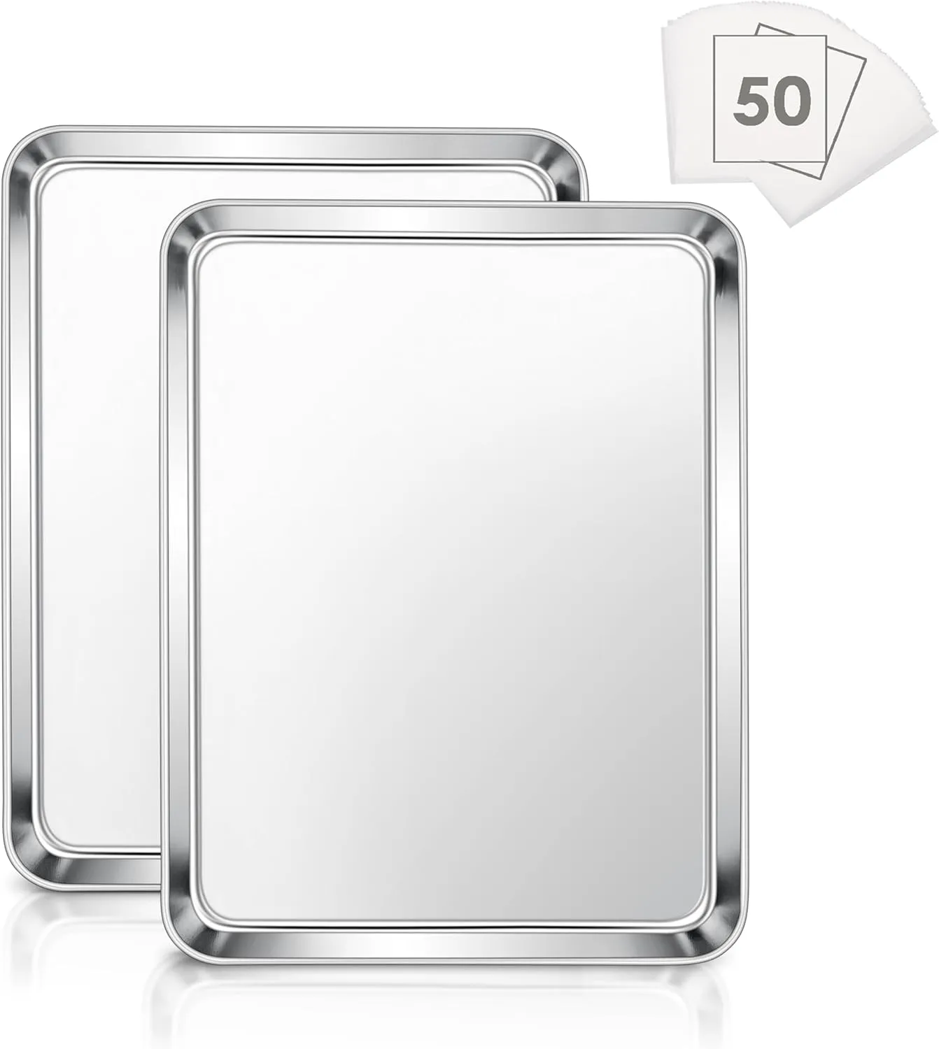 E-far Baking Cookie Sheet Set of 2, 12.4”x9.7” Stainless Steel Baking Sheet Pan for Oven with 50 Parchment Paper, Rectangle Baking Tray for Cooking Roasting, Rust Free & Heavy Duty, Dishwasher Safe