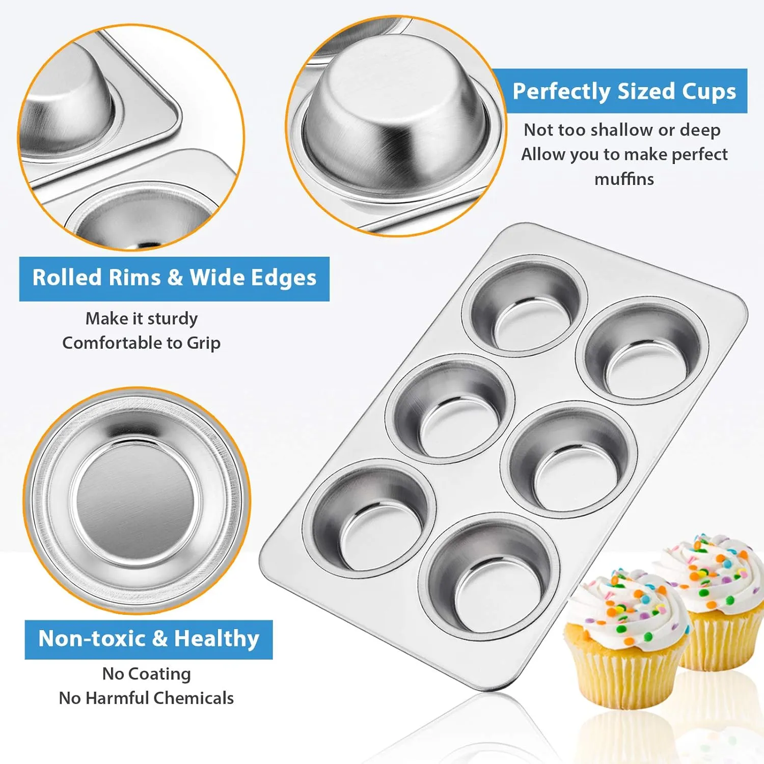 E-far Muffin Pan Set of 4, Stainless Steel Muffin Pan Tin for Baking, 6-Cup Metal Cupcake Pan Tray, Non-toxic & Healthy, Oven & Dishwasher Safe, Regular Size - 11.44 x 7.12 x 1.25 Inch