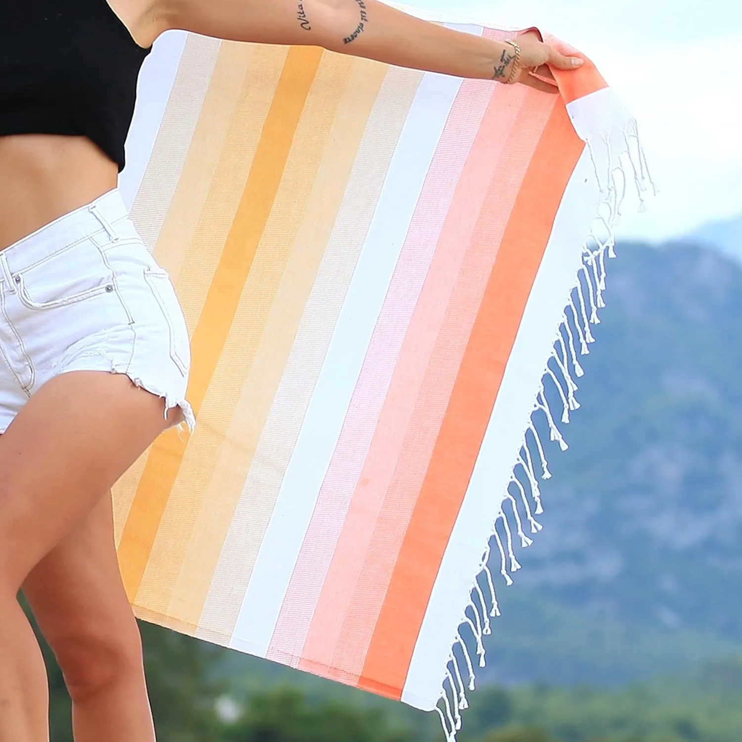 East'N Blue Rainbow Turkish Cotton Peshtemal Beach Towel (36 X 71) - Prewashed, 100% Cotton - Quick Dry Beach Towels - Authentic Turkish Towels for Vacation (Orange)
