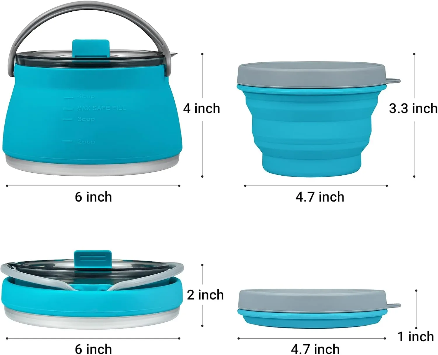 EEZEE 1L Collapsible Camping Kettle Portable Travel Kettle Folding Silicone Camping Cook Pot Foldable Compact Hiking Water Boiler and Warmer with Lid BPA-Free Backpacking Pot