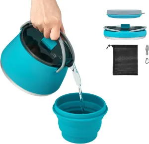EEZEE 1L Collapsible Camping Kettle Portable Travel Kettle Folding Silicone Camping Cook Pot Foldable Compact Hiking Water Boiler and Warmer with Lid BPA-Free Backpacking Pot