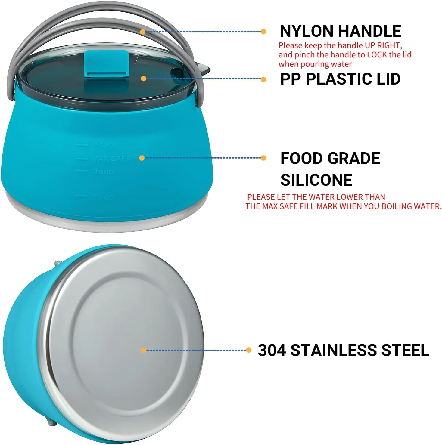 EEZEE 1L Collapsible Camping Kettle Portable Travel Kettle Folding Silicone Camping Cook Pot Foldable Compact Hiking Water Boiler and Warmer with Lid BPA-Free Backpacking Pot