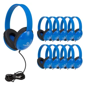 Egghead Heavy-Duty Kids' Headphones with Padded Ear Cups and 6' Cord, Adjustable Tangle-Free Plastic Classroom Headphones for Kids, Pack of 10, Blue
