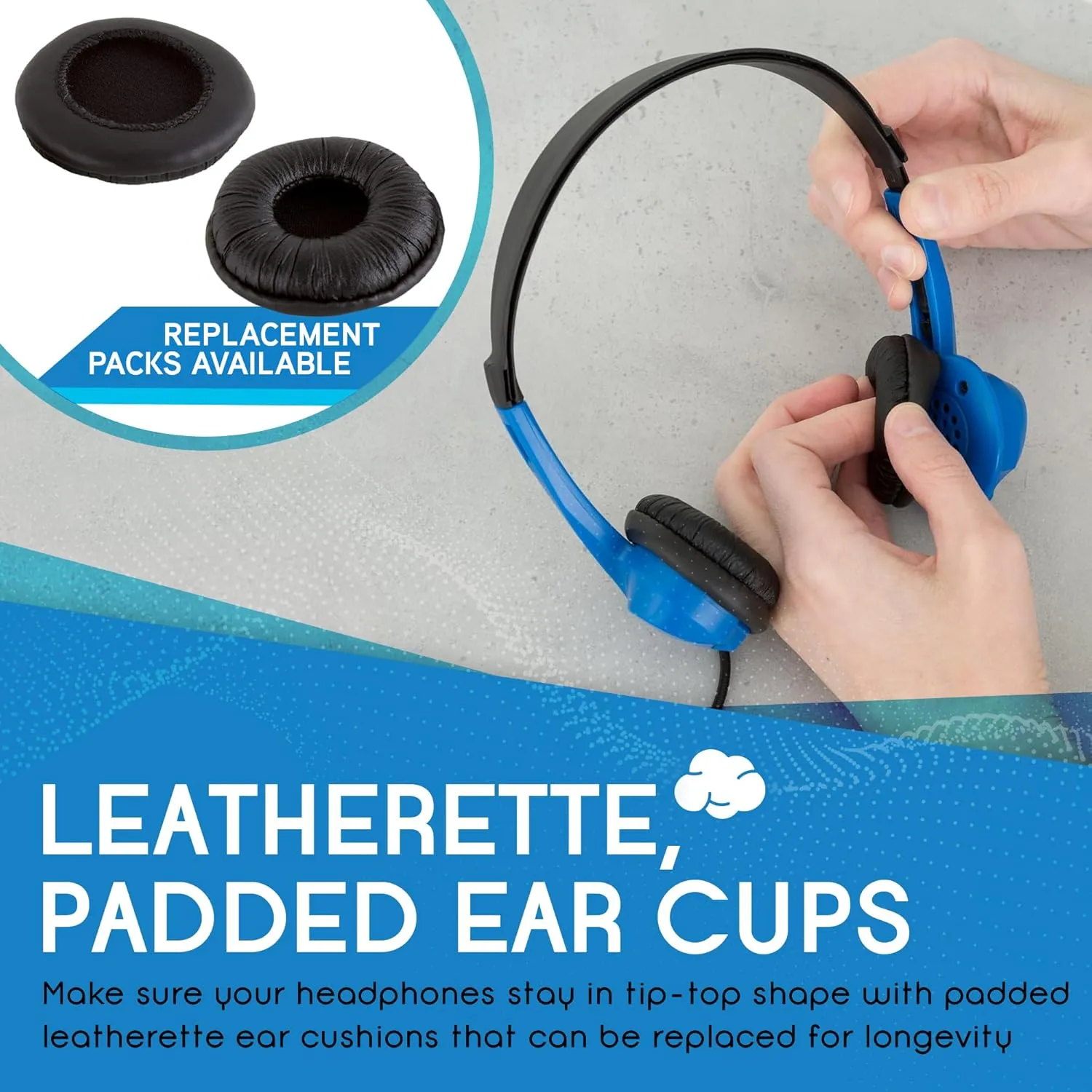 Egghead Heavy-Duty Kids' Stereo Headphones with Padded Ear Cups and 4' Cord, Adjustable Tangle-Free Stereo School Headphones, Pack of 20, Blue