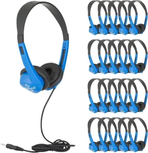 Egghead Heavy-Duty Kids' Stereo Headphones with Padded Ear Cups and 4' Cord, Adjustable Tangle-Free Stereo School Headphones, Pack of 20, Blue